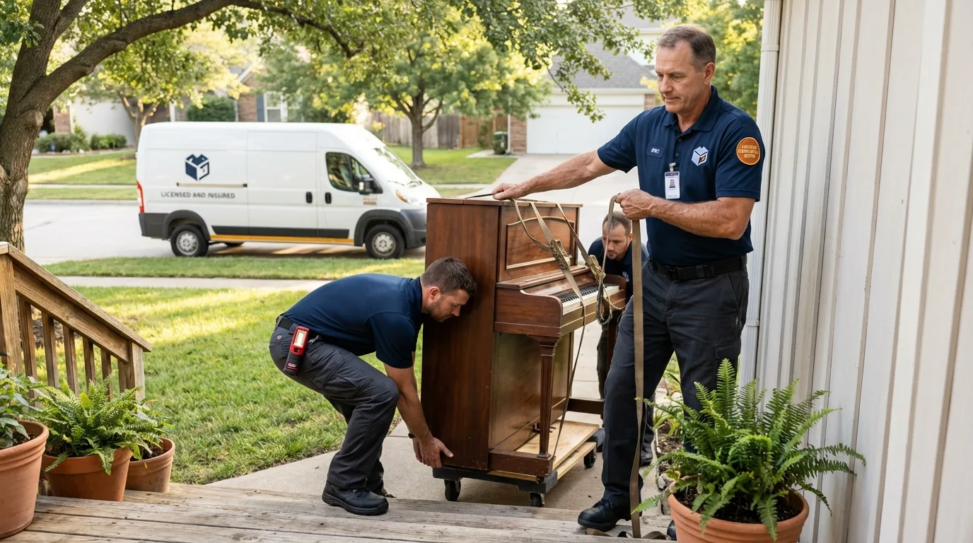 Licensed piano movers securing grand piano in Okarche, OK