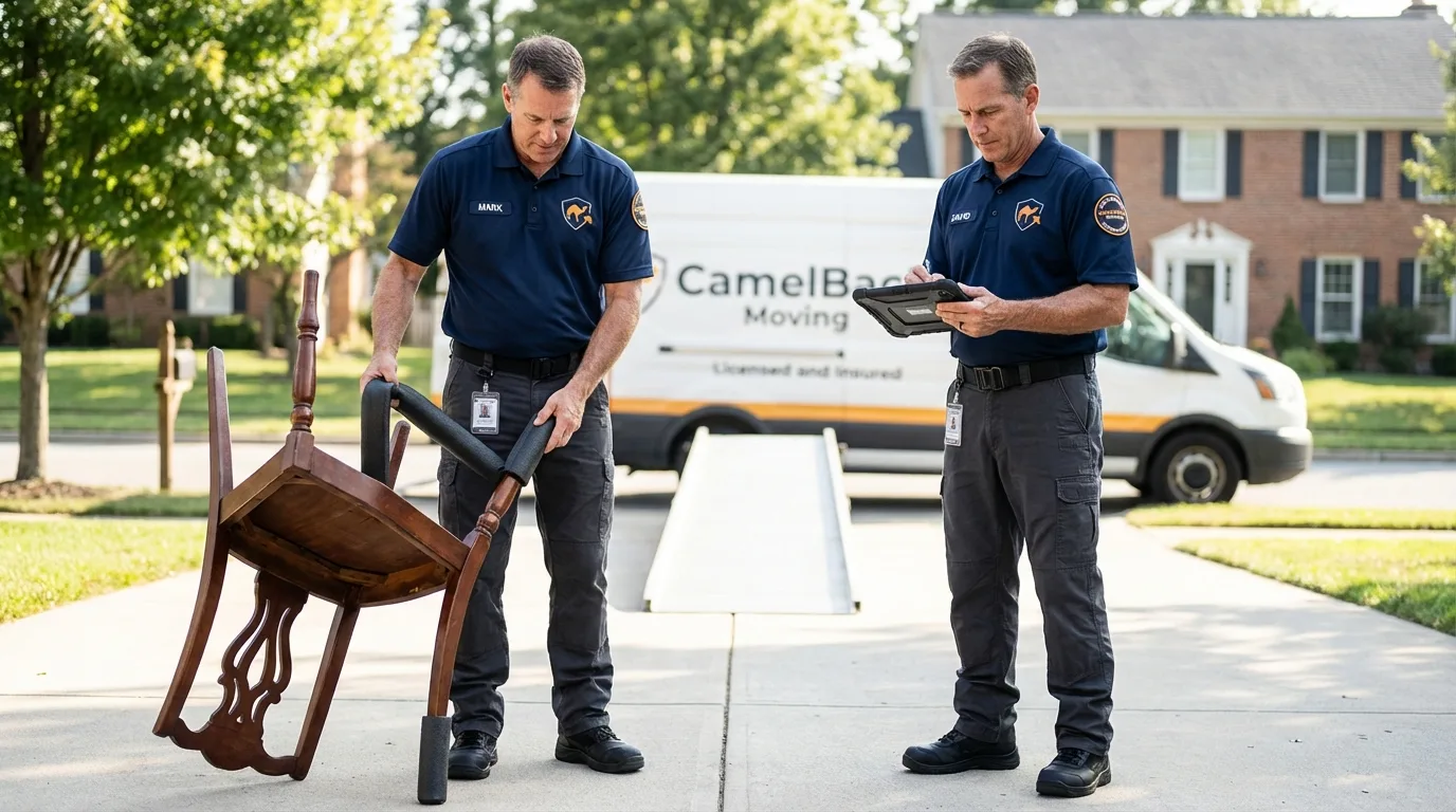 Movers inspecting furniture for damage prevention before loading in Okarche, OK